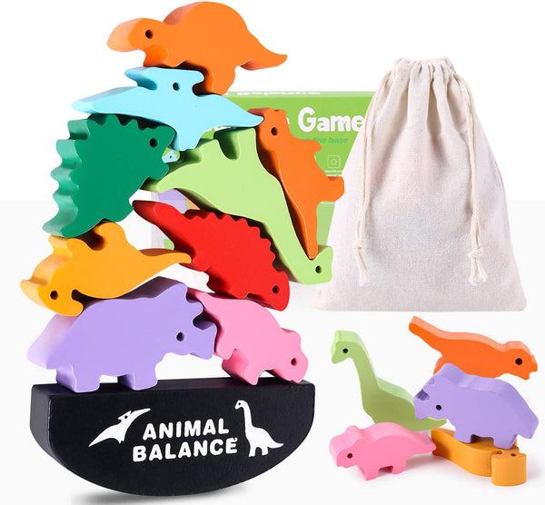 Wooden Blocks Stacking Toy for Boys and Girls, Dinosaur Balance Toys , Best Christmas and Birthday Gifts for Children (Storage Bag Included)