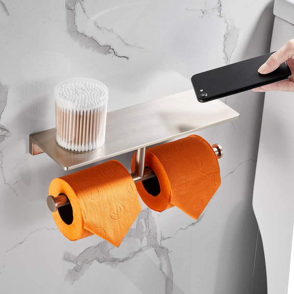 Double Roll Toilet Paper Holder with Shelf Solid Brass and Superior Hotel Style Tissue Dispenser Spared Storage Nickel Finish