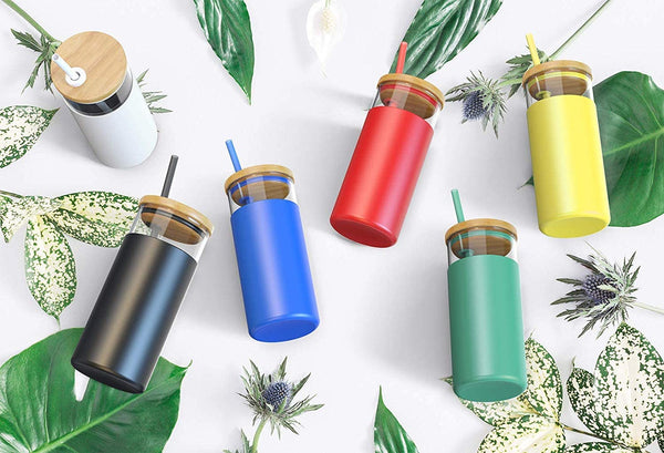 Tronco 20oz Glass Tumbler Glass Water Bottle Straw Silicone Protective Sleeve Bamboo Lid - BPA Free (Amber)