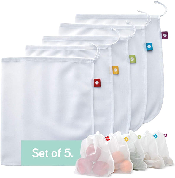 Reusable Produce Bags, Washable Mesh Bags for Fruits and Vegetables, Set of 5 - Flip and Tumble