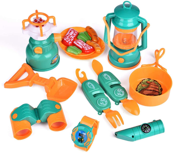 FUN LITTLE TOYS Kids Play Tent, Pop Up Tent with Kids Camping Gear Set, Outdoor Toys Camping Tools Set for Kids, 18 Pieces