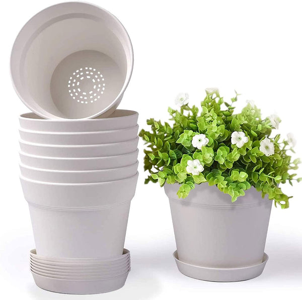 Pots for Plants, 8 Pcs 7.5 inch Plastic Planters with Multiple Drainage Holes and Tray - Plant Pots for All Home Garden Flowers Succulents, Cream White