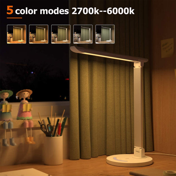 LED Desk Lamp, Eye-caring Table Lamps, Dimmable Office Lamp with USB Charging Port, 5 Lighting Modes with 7 Brightness Levels, Touch Control, White, 12W