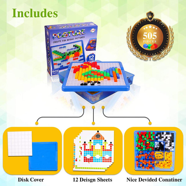 Pegture Set with 505 Larger Pieces + 12 Design Cards. Mosaic Puzzle Toy Set, Creative Skills Development, Educational Learning Toys for Kid.