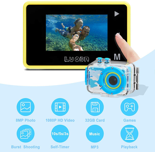 Waterproof Children Digital Camera for Kids Birthday Gifts Age 3-10,FHD Video Toddler Toy Camera  with 32GB SD Card (Blue)
