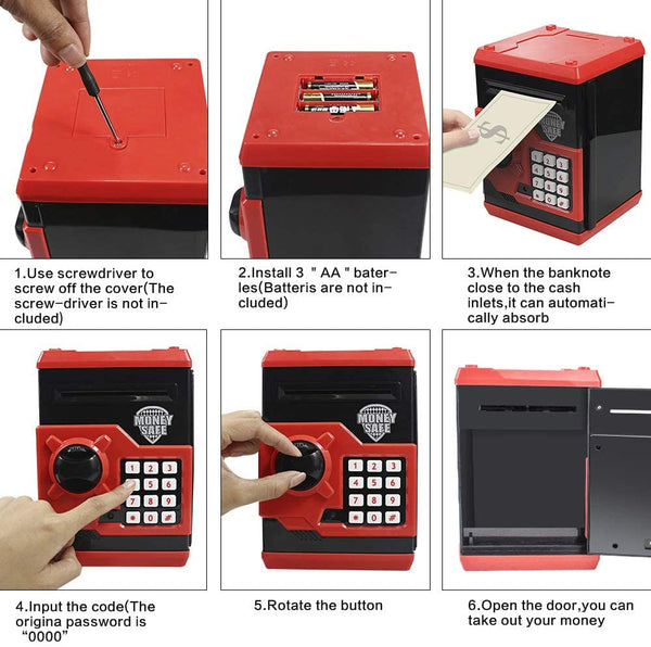 Great Gift Toy for Kids Code Electronic Piggy Banks Mini ATM Electronic Coin Bank Box for Children Password Lock Case (Black/Red)