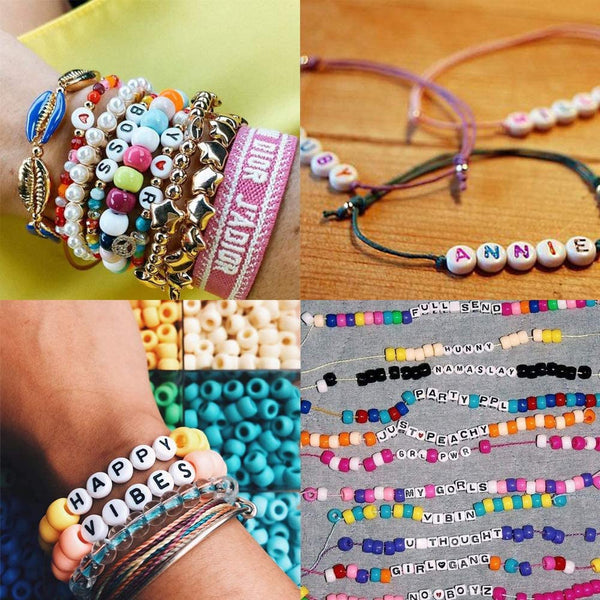 4000pcs Beads Kit, 1600pcs Letter Beads and 2400pcs Large Hole Rainbow Beads, 24 Colors 4 Styles Round Beads Set for DIY Jewelry Making