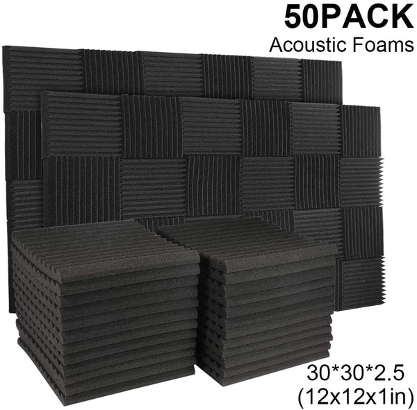 50 Pack Acoustic Panels Soundproof Studio Foam for Walls Sound Wedge for Home Studio Ceiling, 1" X 12" X 12", Black (50PCS Black)