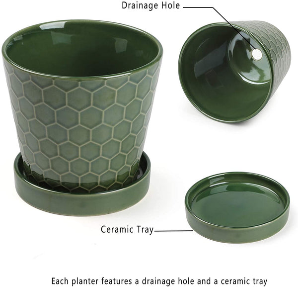 Succulent Planter –4”+5”+6” inch Ceramic Flower Pot with Drainage Holes and Ceramic Tray - Gardening Home Desktop Office Windowsill Decoration Gift Set 3
