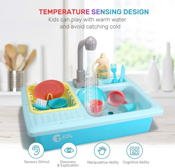 Color Changing Kitchen Sink Toys, Children Heat Sensitive Electric Dishwasher Playing Toy with Running Water, Automatic Water Cycle System