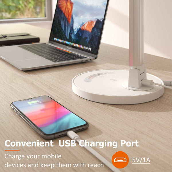 LED Desk Lamp, Eye-caring Table Lamps, Dimmable Office Lamp with USB Charging Port, 5 Lighting Modes with 7 Brightness Levels, Touch Control, White, 12W