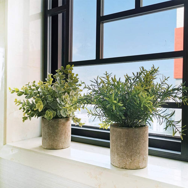 2 Pack Artificial Potted Plants Faux Eucalyptus & Rosemary Greenery in Pots Small Houseplants 8.3"-9" Tall for Indoor Greenery Tabletop