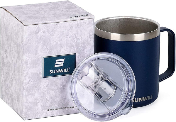 SUNWILL 14 oz Coffee Mug, Vacuum Insulated Camping Mug with Lid, Double Wall Stainless Steel Travel Tumbler Cup, Coffee Thermos Outdoor, Powder Coated Navy Blue