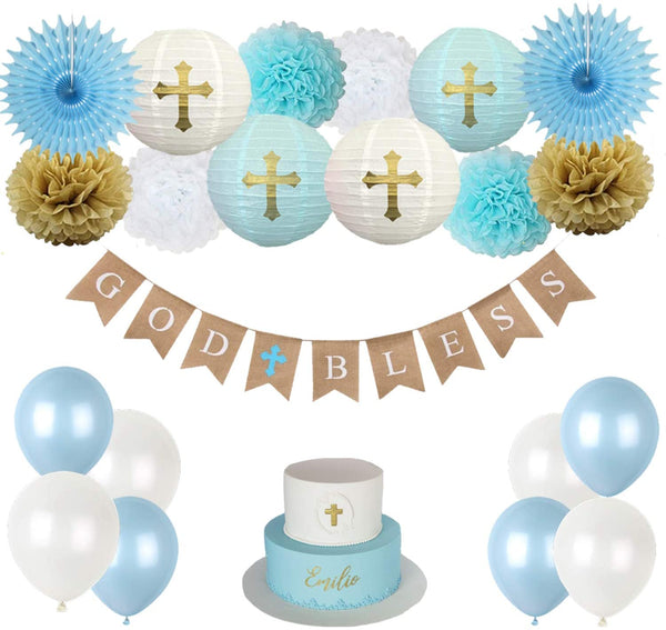 CHRORINE Baptism Decorations for Boys, First Communion Confirmation Decorations, God Bless Banner and Blue Party Decorations - Blue Set