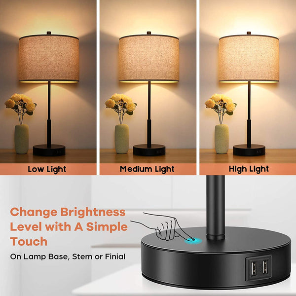 Set of 2 Touch Control Tall Table Lamps with 2 USB Ports, 3-Way Dimmable Modern Bedside Nightstand Lamps 22.5inch with Beige Fabric Shades for Bedroom Guestroom Living Room Hotel, 2 LED Bulbs Included