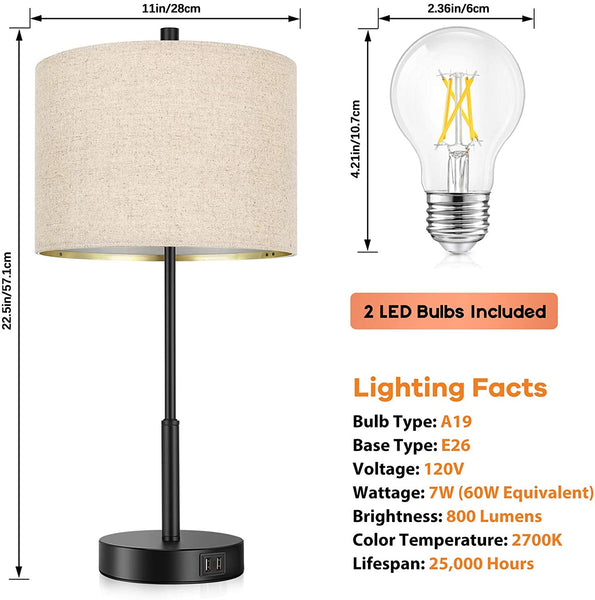 Set of 2 Touch Control Tall Table Lamps with 2 USB Ports, 3-Way Dimmable Modern Bedside Nightstand Lamps 22.5inch with Beige Fabric Shades for Bedroom Guestroom Living Room Hotel, 2 LED Bulbs Included