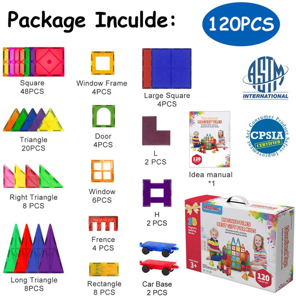120PCS Kids Magnetic Tiles Building Blocks 2 Car Set Color Magnetic Blocks Toys for Kids Children,Educational Learning Building Toys Birthday Gifts for Boys Girls