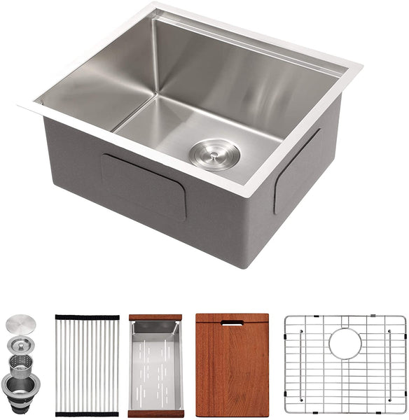 23 Inch Sink-Mocoloo 23"x19" Inch 16 Gauge Stainless Steel Kitchen Sink 10" Deep Single Bowl and offset drain, Tight radius corner, all-in-one accessory