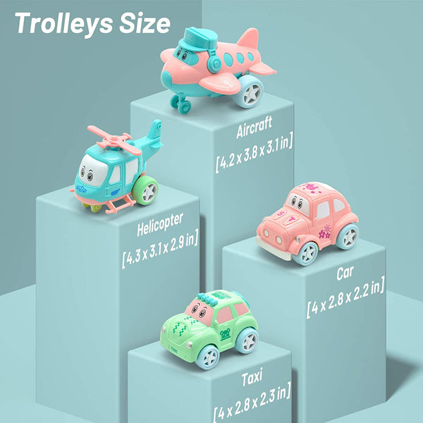 Cartoon Vehicles Toddler Girl Toys Friction Powered Pink Toy Car Carrier Transport Truck with Light & Sound 5 in 1 Toy Cars /Airplane /Helicopter Birthday Gift Toys