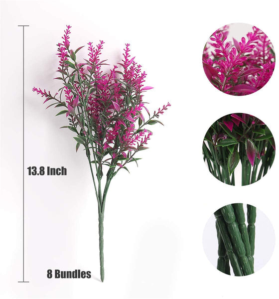 RECUTMS 8 Bundles Artificial Flowers Fake Outdoor Plants Faux UV Resistant Lavender Flower Plastic Shrubs Indoor Outside Hanging Decorations (Fuchsia)