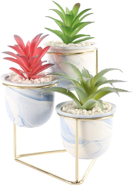 3 Tier Medium Artificial Succulent Plants Fake Decorations in Modern Ceramic Pots, Inside with Lifelike Stone Pebbles, with Gold Metal Stand