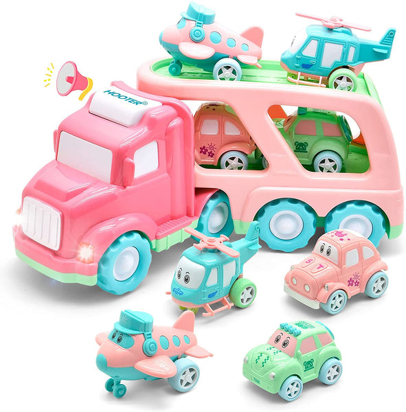 Cartoon Vehicles Toddler Girl Toys Friction Powered Pink Toy Car Carrier Transport Truck with Light & Sound 5 in 1 Toy Cars /Airplane /Helicopter Birthday Gift Toys