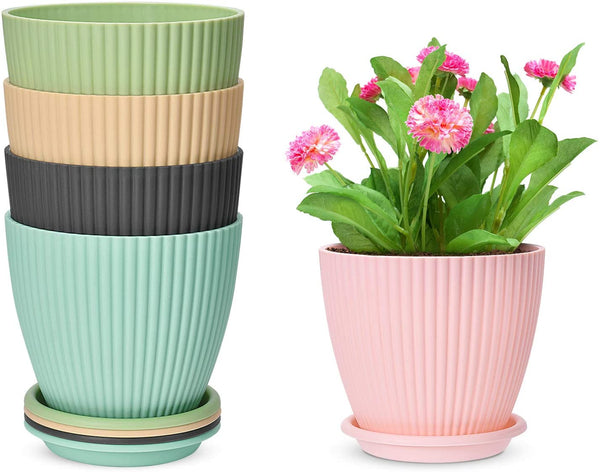 6 inch Plastic Planters with Saucers, Set of 5 Indoor Flower Plant Pots Modern Decorative Gardening Pot with Drainage Hole for All House Plants