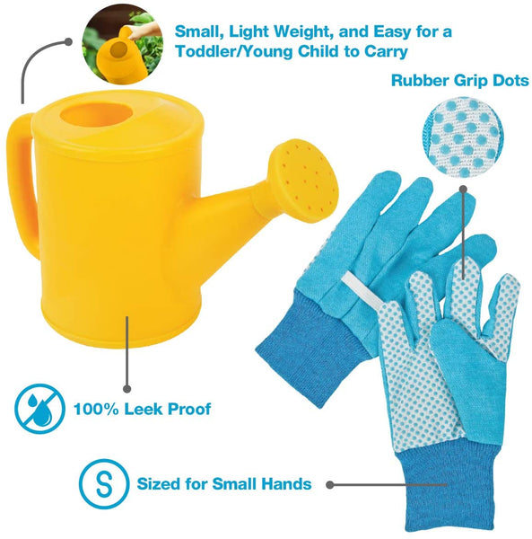 Kids Gardening Tools - Includes Sturdy Tote Bag, Watering Can, Gloves, Shovels, Rake, Stakes - Kids Garden Tool Set for Toddler Age on up.