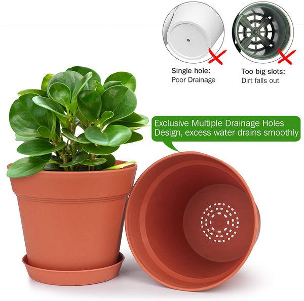 Plant Pots, 15 Pack Terra Plastic Flower Pots Outdoor Garden Planters with Multiple Drain Holes and Saucer - 6 inch Indoor Small Plant Pots for All Home