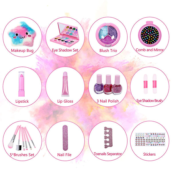Kids Makeup Kit for Girl - Real Washable Makeup Kit for Little Girls over 8 Year Old Girls Children Makeup Set with Cute Princess Cosmetic Purse