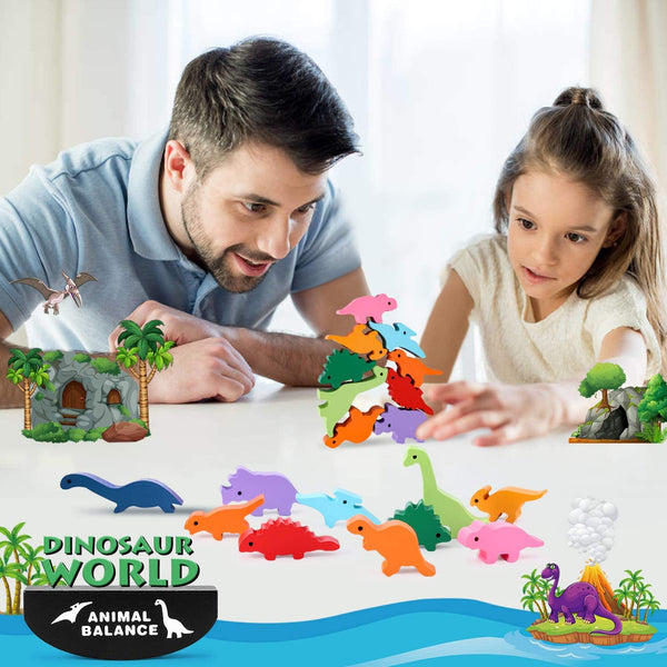 Wooden Blocks Stacking Toy for Boys and Girls, Dinosaur Balance Toys , Best Christmas and Birthday Gifts for Children (Storage Bag Included)