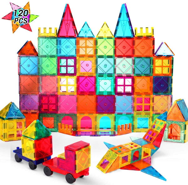120PCS Kids Magnetic Tiles Building Blocks 2 Car Set Color Magnetic Blocks Toys for Kids Children,Educational Learning Building Toys Birthday Gifts for Boys Girls