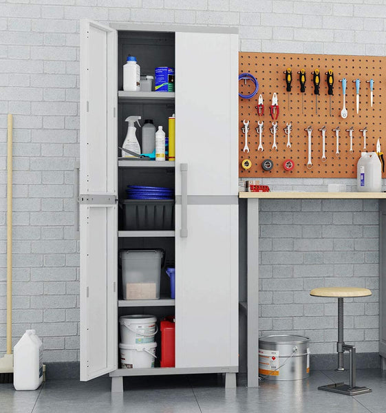 Keter Storage Cabinet with Doors and Shelves for Tool and Home Organization, White & Grey