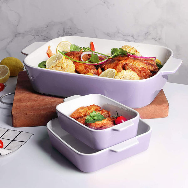 3-Piece Ceramic Baking Dish, Premium Grade and Eco-Friendly Porcelain,  Rectangular Baking Dish for Cake Dinner, Banquet and Daily Use，12.8 x 8.9 Inches,Easy to Clean (Blueviolet)