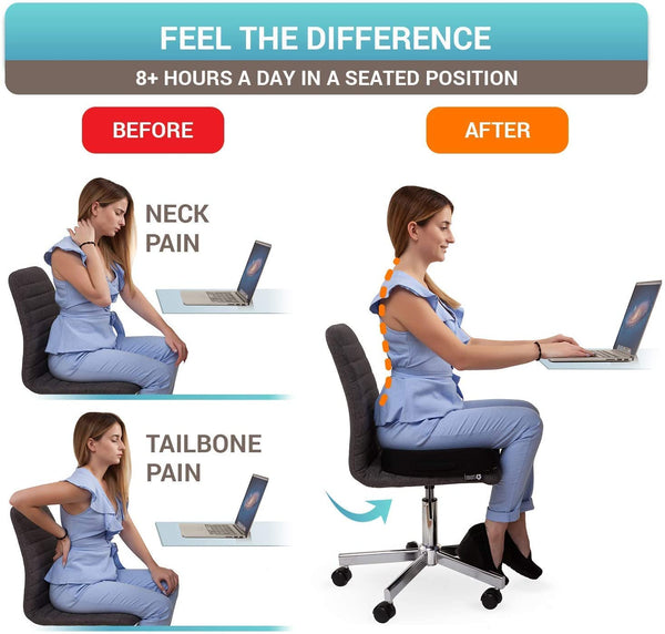 Seat Cushion Pillow for Office Chair - 100% Memory Foam Firm Coccyx Pad - Tailbone, Sciatica, Lower Back Pain Relief - Contoured Posture Corrector for Car, Wheelchair, Computer and Desk Chair