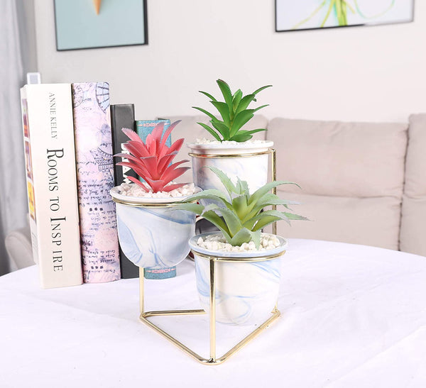 3 Tier Medium Artificial Succulent Plants Fake Decorations in Modern Ceramic Pots, Inside with Lifelike Stone Pebbles, with Gold Metal Stand
