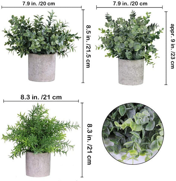 Mini Potted Plants Artificial Eucalyptus Boxwood Rosemary Greenery in Pots Faux Potted Herbs Small Houseplants 8.3"-9" Tall for Indoor Greenery Tabletop  3 Pack