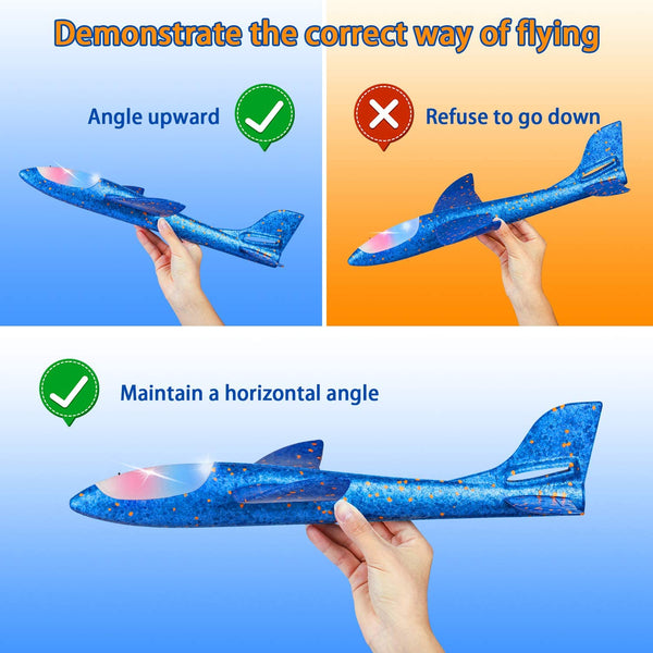 2 Pack LED Light Airplane,17.5" Large Throwing Foam Plane,2 Flight Mode Glider Plane,Flying Toy for Kids,Gifts for 3 4 5 6 7 8 9 Years Old Boy