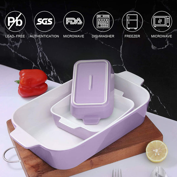 3-Piece Ceramic Baking Dish, Premium Grade and Eco-Friendly Porcelain,  Rectangular Baking Dish for Cake Dinner, Banquet and Daily Use，12.8 x 8.9 Inches,Easy to Clean (Blueviolet)