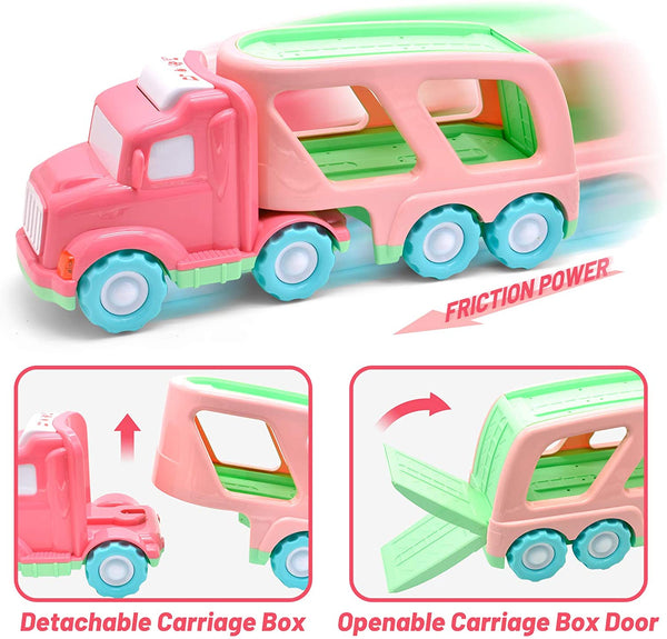 Cartoon Vehicles Toddler Girl Toys Friction Powered Pink Toy Car Carrier Transport Truck with Light & Sound 5 in 1 Toy Cars /Airplane /Helicopter Birthday Gift Toys