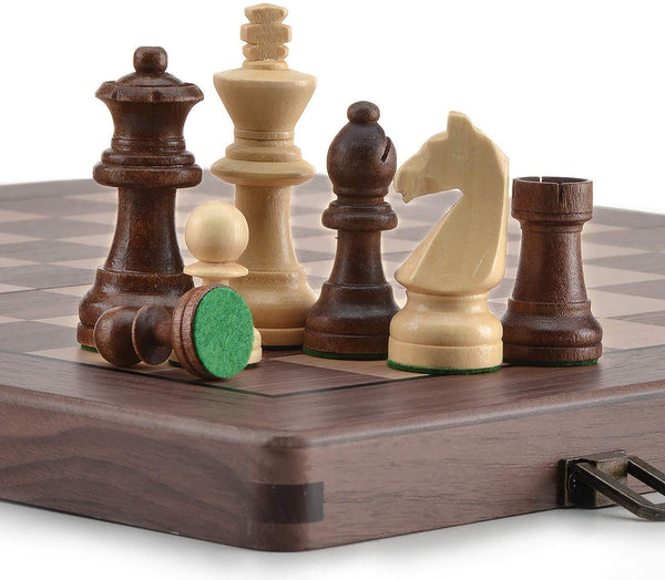 A&A 15" Folding Wooden Chess & Checkers Set w/ 3" King Height Chess Pieces / 2 Bonus Queen/German Knight Staunton Wooden Chessmen/Walnut Box w/Walnut & Maple Inlay / Classic Board Game