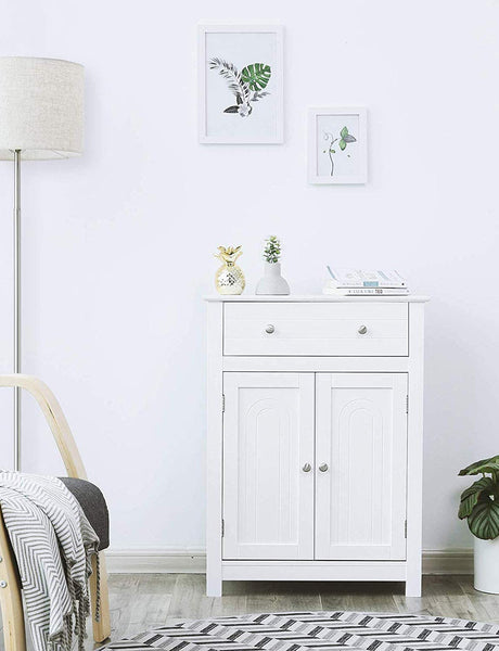 VASAGLE Free Standing Bathroom Drawer and Adjustable Shelf, Kitchen Cupboard, Wooden Entryway Storage Cabinet, 23.6 x 11.8 x 31.5 Inches, White UBBC61WT