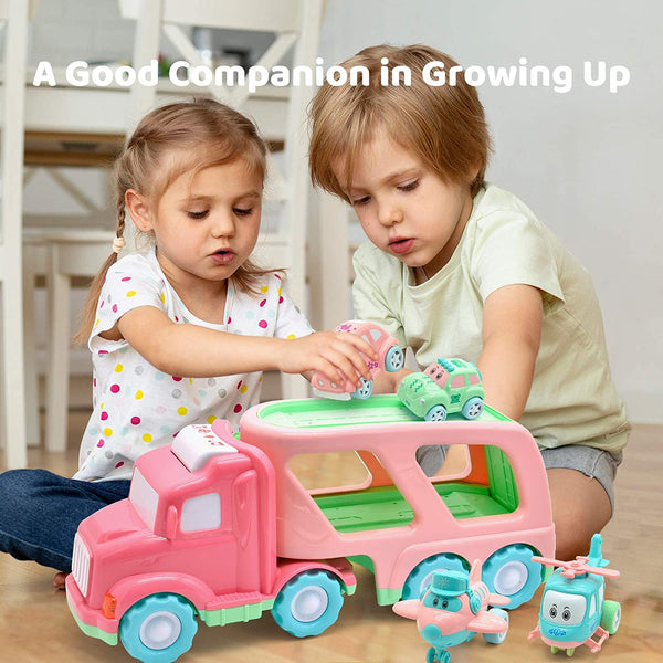 Cartoon Vehicles Toddler Girl Toys Friction Powered Pink Toy Car Carrier Transport Truck with Light & Sound 5 in 1 Toy Cars /Airplane /Helicopter Birthday Gift Toys