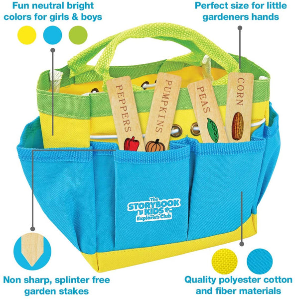 Kids Gardening Tools - Includes Sturdy Tote Bag, Watering Can, Gloves, Shovels, Rake, Stakes - Kids Garden Tool Set for Toddler Age on up.
