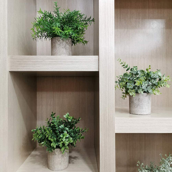 Mini Potted Plants Artificial Eucalyptus Boxwood Rosemary Greenery in Pots Faux Potted Herbs Small Houseplants 8.3"-9" Tall for Indoor Greenery Tabletop  3 Pack