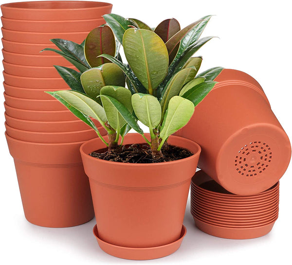Plant Pots, 15 Pack Terra Plastic Flower Pots Outdoor Garden Planters with Multiple Drain Holes and Saucer - 6 inch Indoor Small Plant Pots for All Home