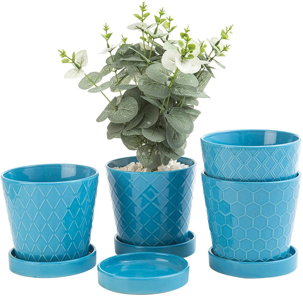 Flower Planter –5”inch Ceramic Plant Pots with Drainage Holes and Ceramic Tray - Gardening Home Desktop Office Windowsill Decoration (Blue)