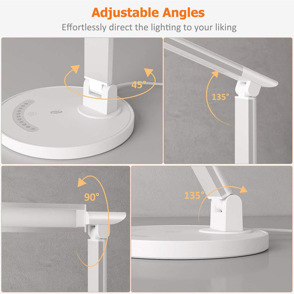 LED Desk Lamp, Eye-caring Table Lamps, Dimmable Office Lamp with USB Charging Port, 5 Lighting Modes with 7 Brightness Levels, Touch Control, White, 12W