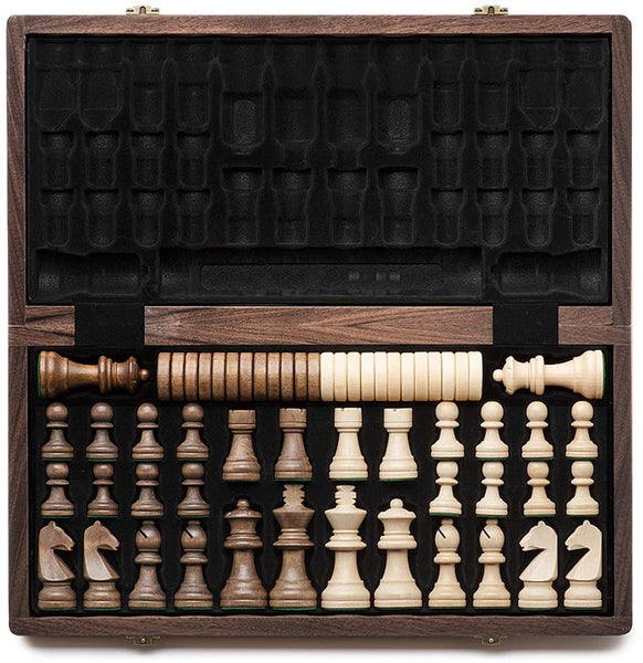 A&A 15" Folding Wooden Chess & Checkers Set w/ 3" King Height Chess Pieces / 2 Bonus Queen/German Knight Staunton Wooden Chessmen/Walnut Box w/Walnut & Maple Inlay / Classic Board Game