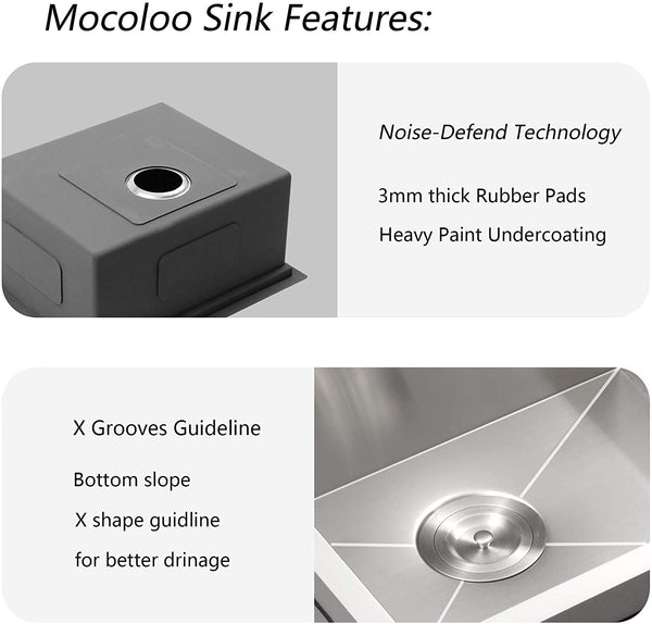 23 Inch Sink-Mocoloo 23"x19" Inch 16 Gauge Stainless Steel Kitchen Sink 10" Deep Single Bowl and offset drain, Tight radius corner, all-in-one accessory